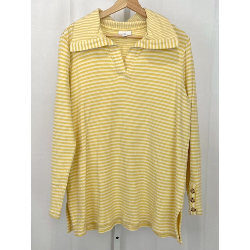 J. JILL Soft Knit Johnny Collar Tunic Top Long Sleeve Striped Yellow Cotton M